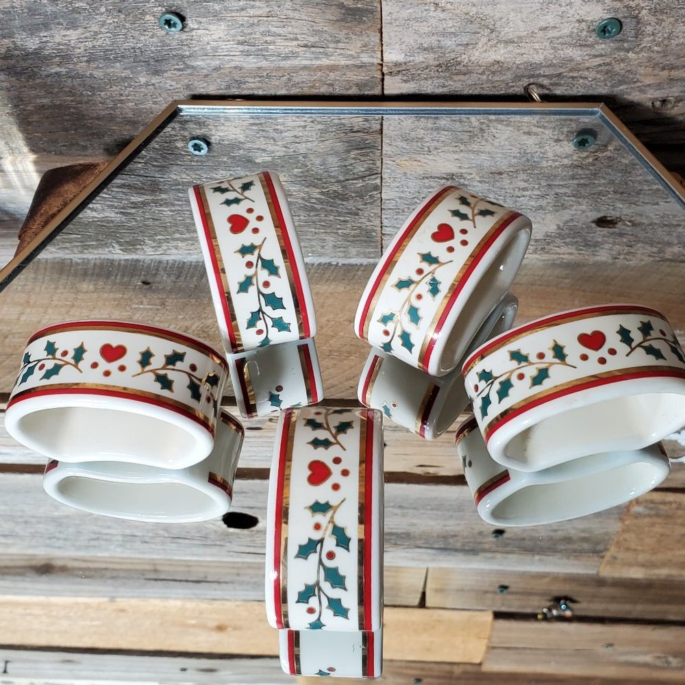 Porcelain Christmas Napkin Rings by Crowning Touch - Hearts, Holly, 24K Gold